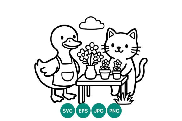 Black White Cat Duck Flower Pots Vector