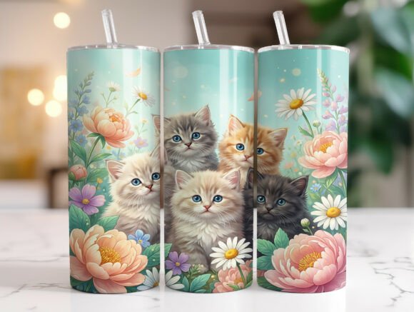 Cat Kitty Floral Skinny Tumbler Wrap