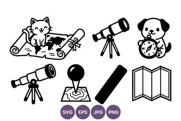 Cat on World Map with Telescope