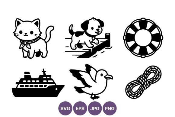 Cat Puppy Bird Ship Lifebuoy Rope Vector