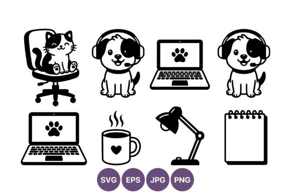 Cat Puppy Paw Laptop Vector Icons