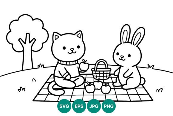 Cat Rabbit Picnic Black White Vector