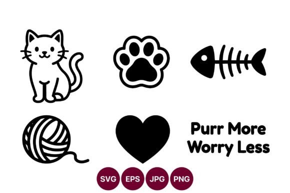 Cat Vector Icons Set with Paw Print