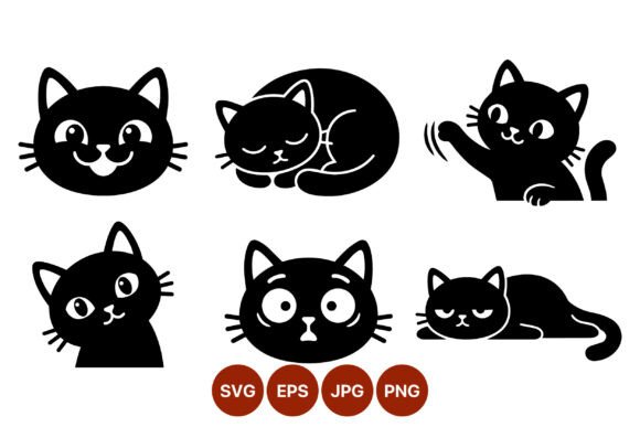 Cute Cartoon Black Cat Faces Vector