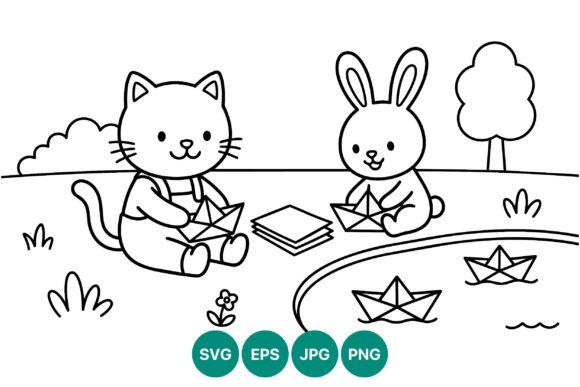 Cute Cat and Bunny Paper Boat Vector