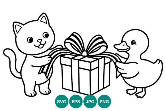 Cute Cat and Duck with Gift Ribbon