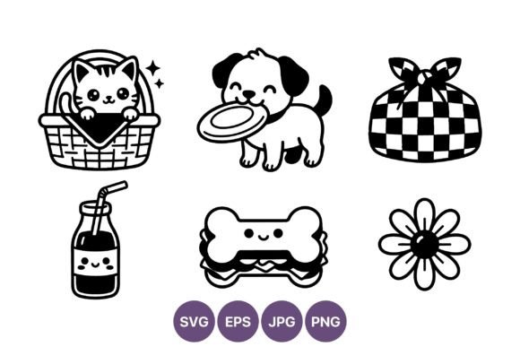 Cute Cat Basket and Puppy Frisbee Vector