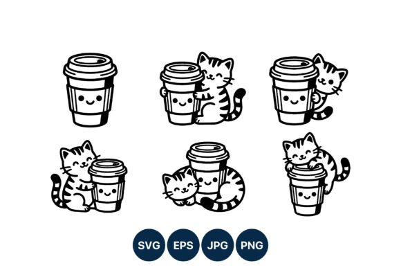 Cute Cat Hugging Coffee Cup Vector