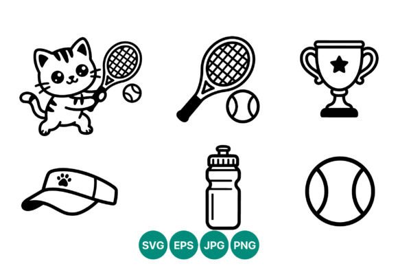 Cute Cat Tennis Player Vector Line Art