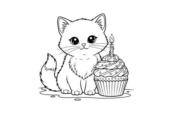 Cute White Kitten with Birthday Cupcake