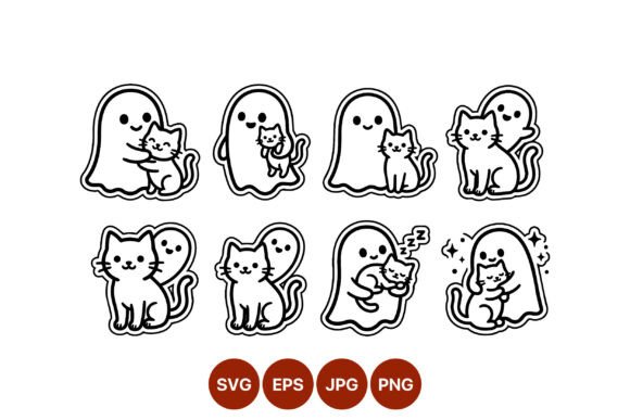 Ghost and Cat Hugging Cute Line Art