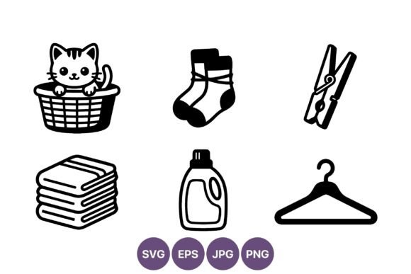 Laundry Icons Set: Cute Cat Basket Socks