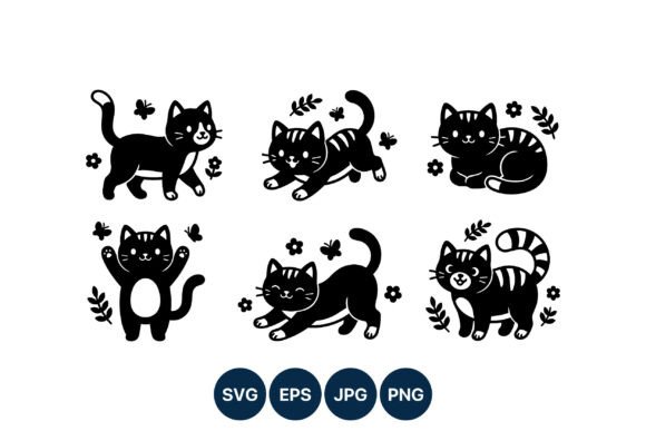 Playful Cat Vector Art Black White Set