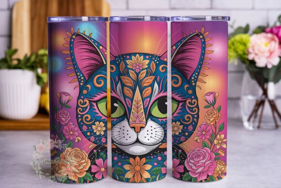 Psychedelic Floral Cat Tumbler Wrap PNG