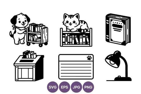 Puppy and Kitten with Book Cart Line Art
