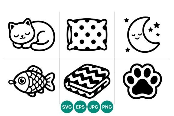 Sleeping Cat and Moon Line Art Icons